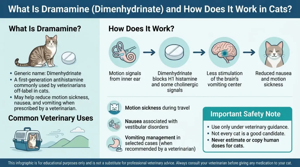 Dramamine Dosage For Cats: Calculator, Chart & Safe Guide 1 What Is Dramamine (Dimenhydrinate) and How Does It Work in Cats